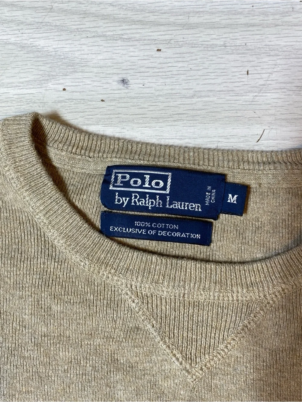 Polo Ralph Lauren M Crewneck Sweater Beige Tan 100% Cotton Green Knit